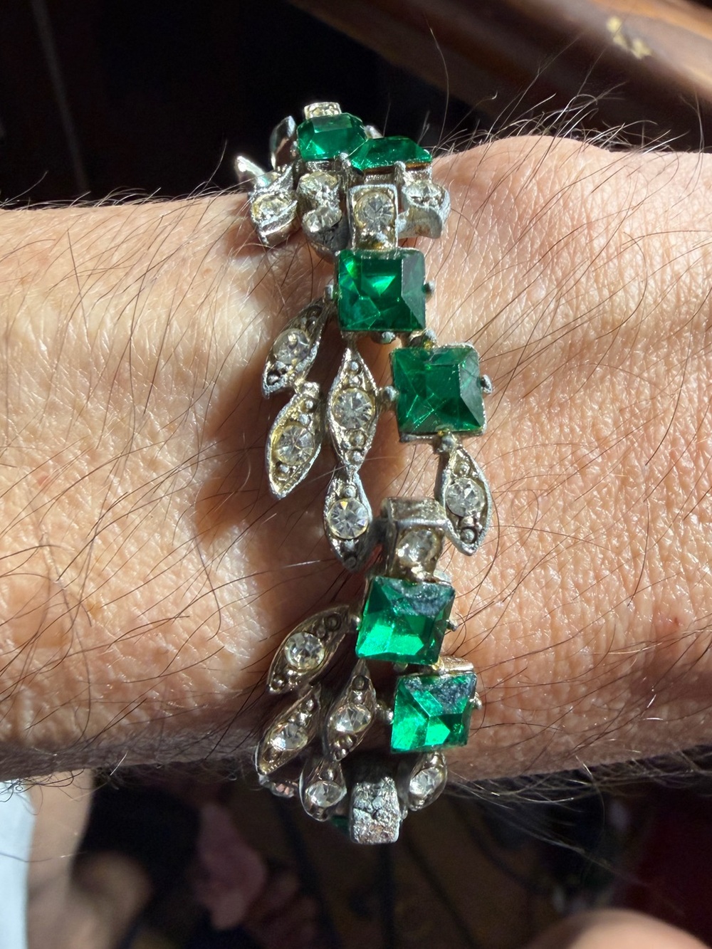 Vintage Silver Tone Art Deco Green Crystal Link Bracelet 7.5”